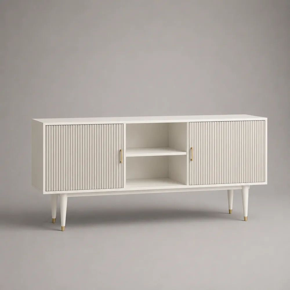 Mobile TV rettangolare bianco e oro 160 x 40 x 80 cm in MDF con 2 ante scanalate