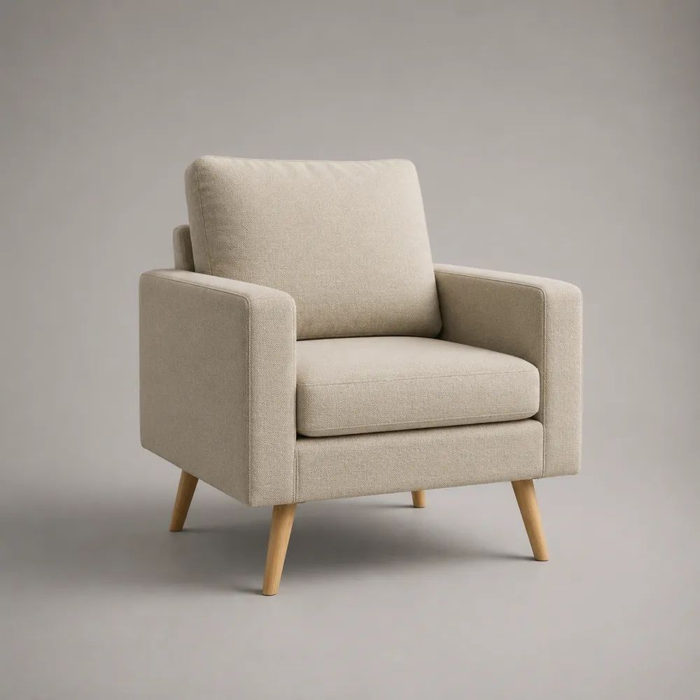 Poltrona monoposto beige in tessuto con piedini in legno naturale e braccioli, 78 x 80 x 82 cm