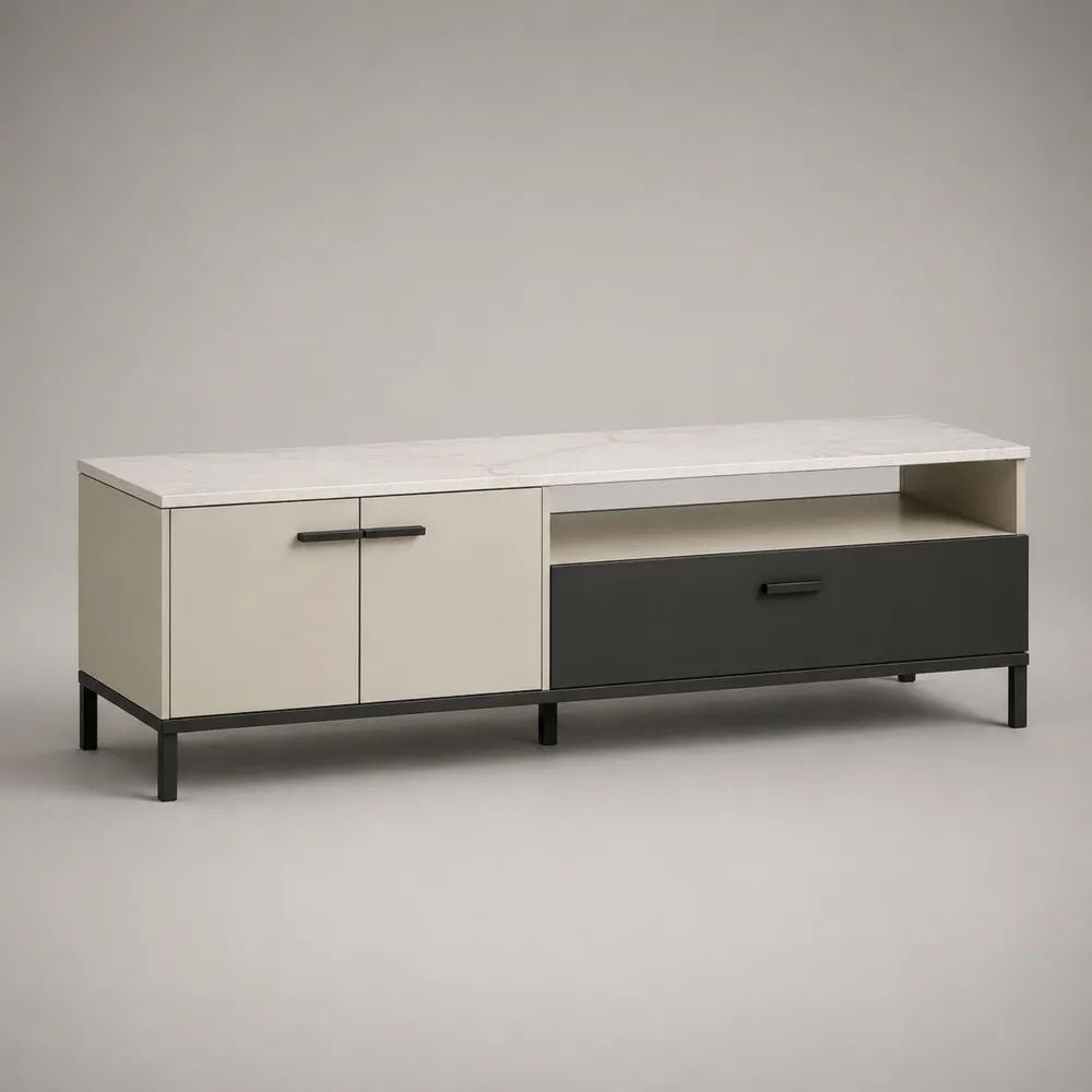 Mobile TV rettangolare in pannello truciolare e acciaio con 2 ante, cassetto e vano aperto, bianco crema e antracite con dettagli neri, 160 x 40 x 60 cm