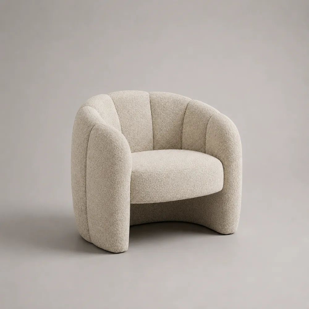 Poltrona avvolgente in tessuto bouclé crema con braccioli, 78 × 75 × 75 cm
