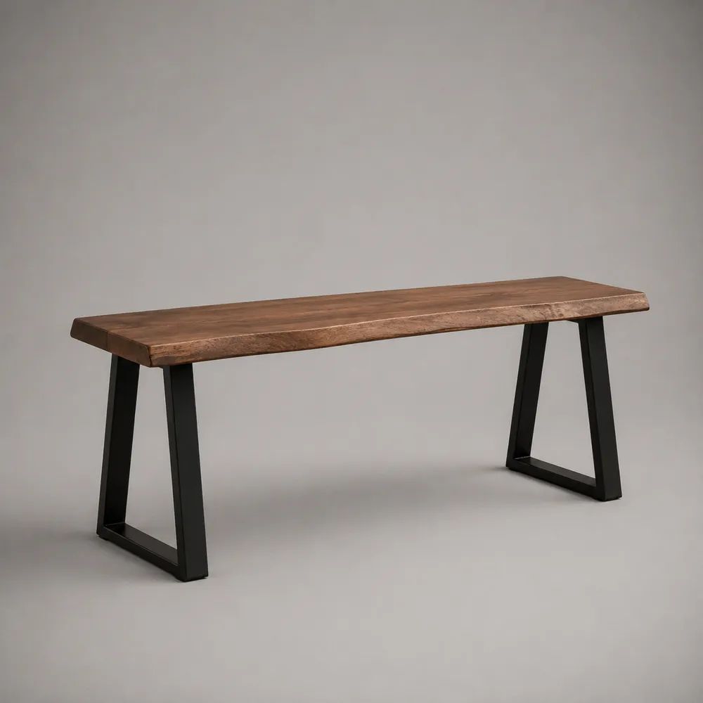 Panca rettangolare marrone e nera 140 x 35 x 45 cm in legno massello di acacia e acciaio