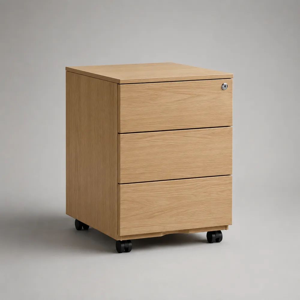 Cassettiera mobile rettangolare da ufficio in pannello truciolare melaminico, rovere naturale, 3 cassetti con serratura, 40 x 50 x 60 cm