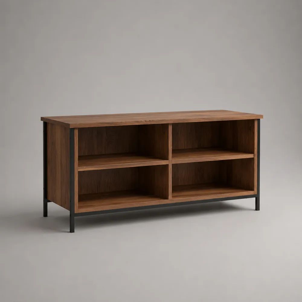 Mobile TV basso rettangolare in truciolare melaminico e acciaio, marrone noce e nero, con 4 vani, 120 x 40 x 65 cm