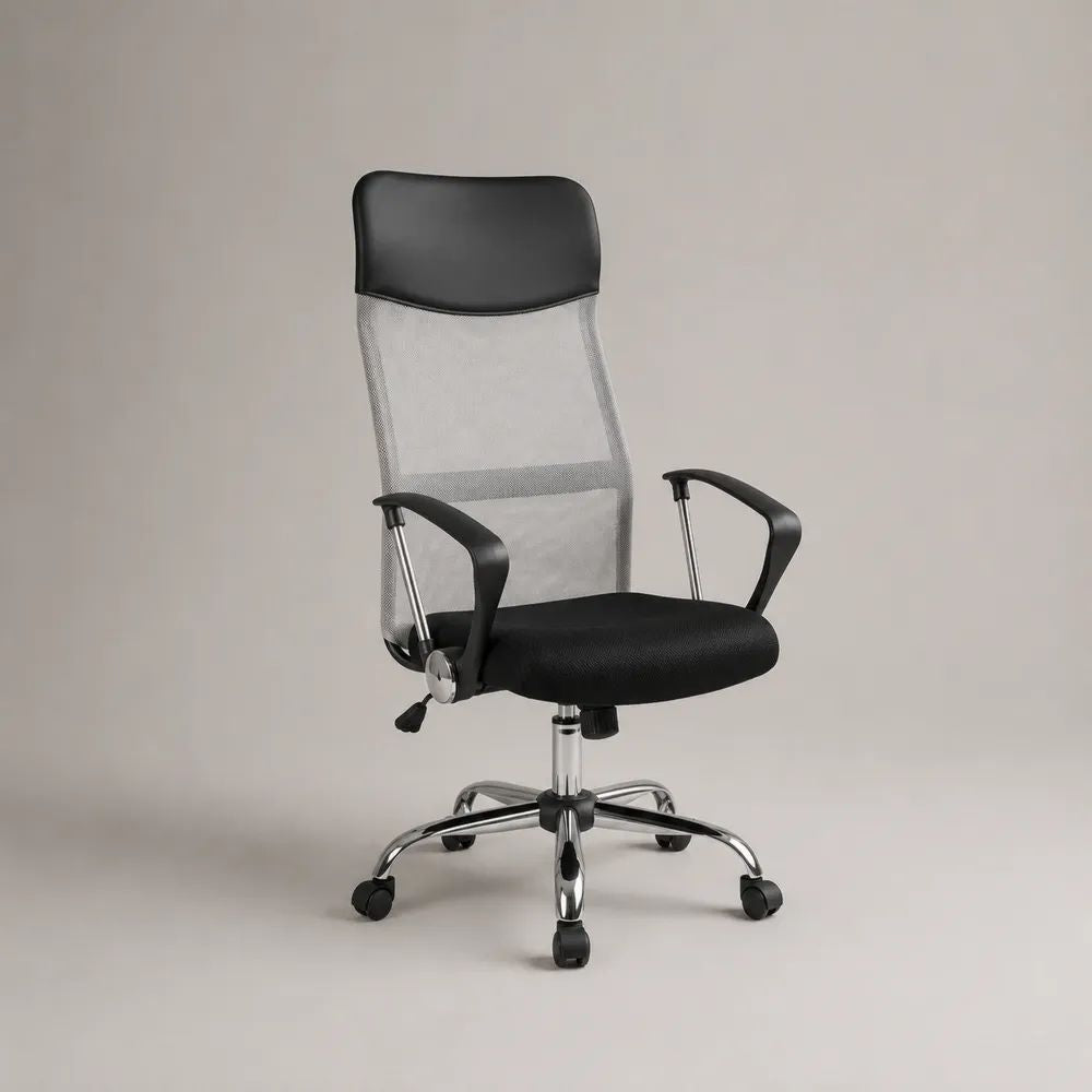 Sedia da ufficio ergonomica girevole in rete e metallo con schienale alto, poggiatesta e braccioli, Nero/Grigio/Argento, 60 x 60 x 113-123 cm