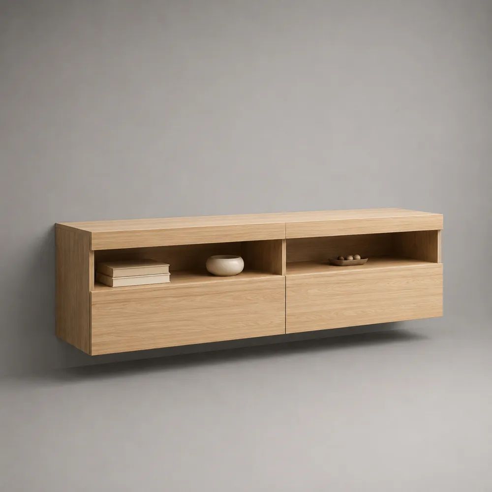 Mobile TV sospeso rettangolare in MDF impiallacciato rovere naturale, 160 x 40 x 55 cm, con 2 vani aperti e 2 cassetti