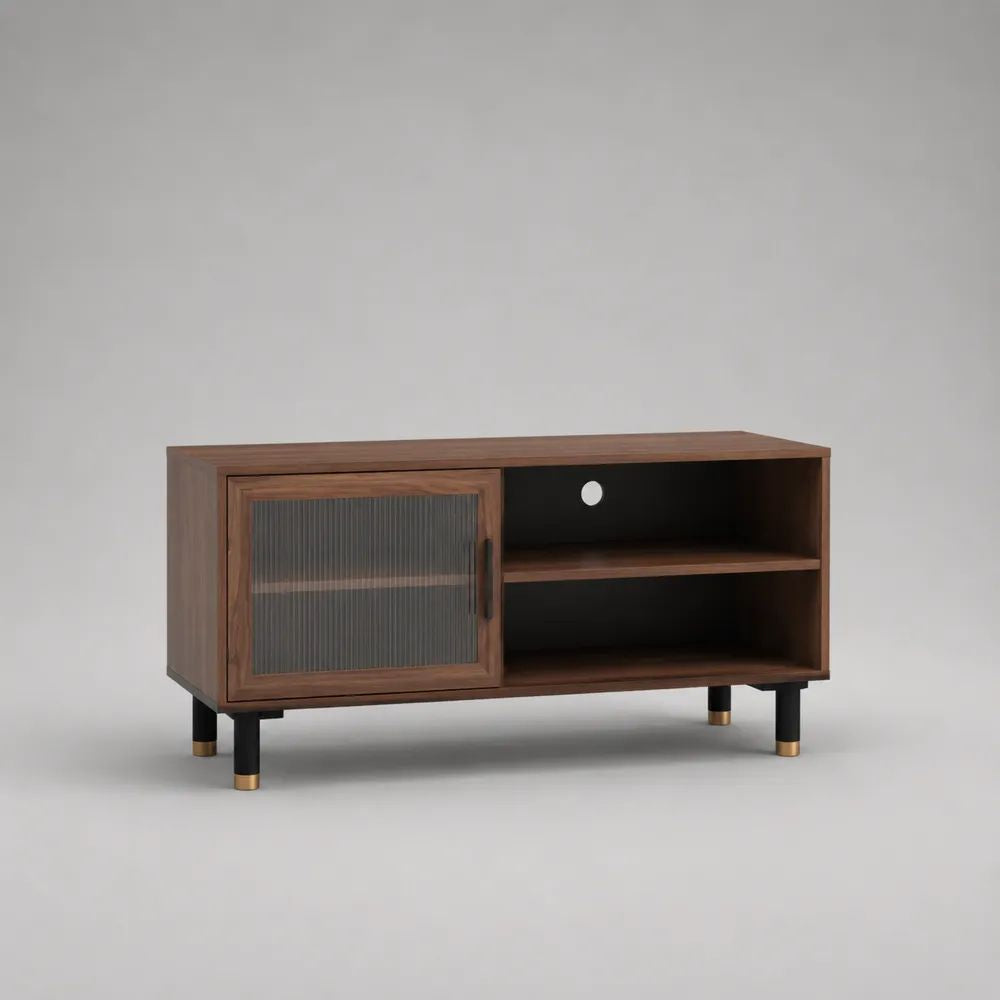 Mobile porta TV basso rettangolare in legno marrone noce con anta in vetro scanalato e vani aperti, 120 × 40 × 65 cm