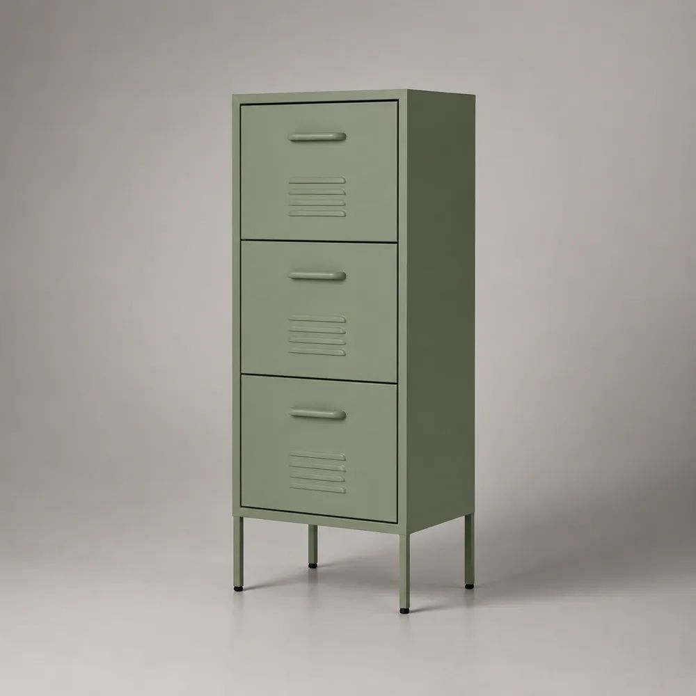 Cassettiera verticale in acciaio con 3 cassetti, verde salvia, 42 × 40 × 120 cm