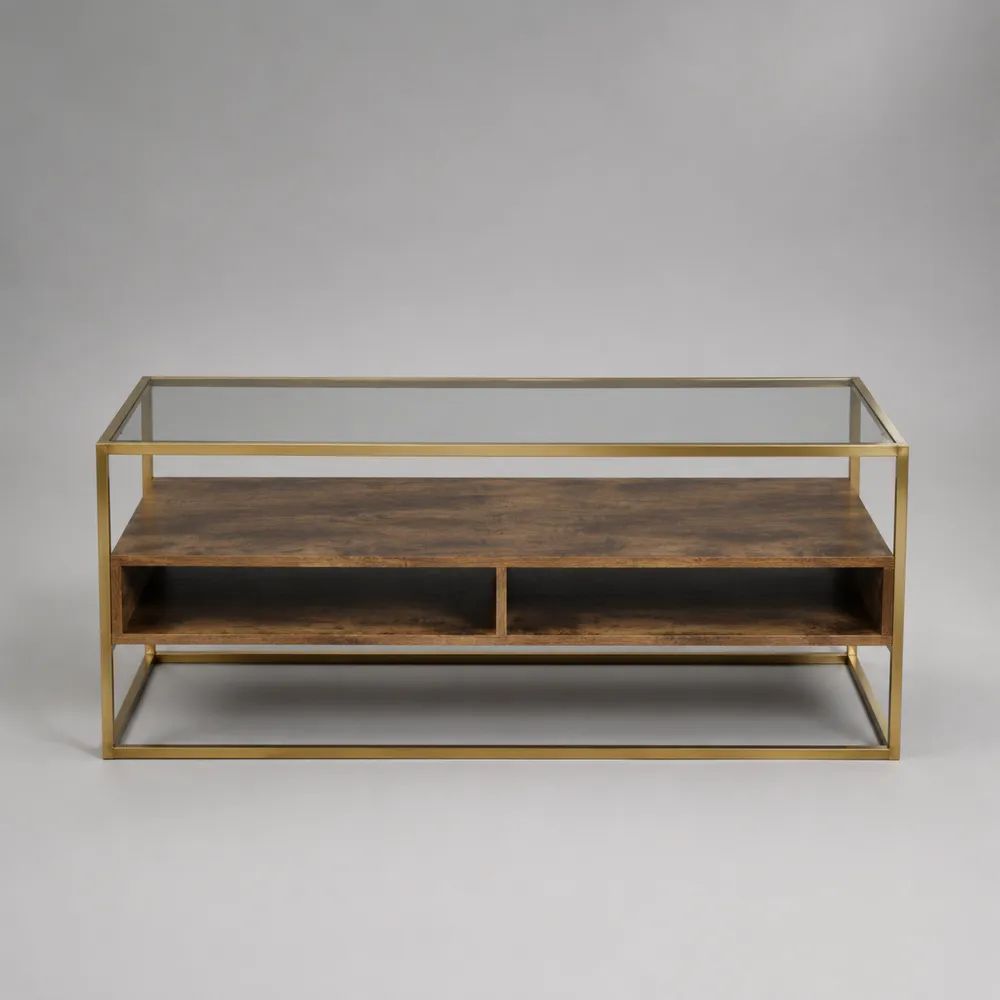 Mobile porta TV rettangolare marrone, ottone e trasparente 120 x 45 x 60 cm in legno massello, acciaio e vetro temperato con 2 vani aperti