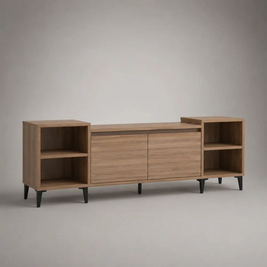 Mobile TV rettangolare in legno e acciaio con 2 ante e 4 vani aperti, marrone noce e nero, 180 x 40 x 70 cm