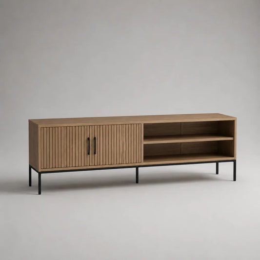 Mobile TV basso in legno e metallo, Rovere naturale/Nero, 160 x 40 x 65 cm, 2 ante scanalate e 2 vani a giorno