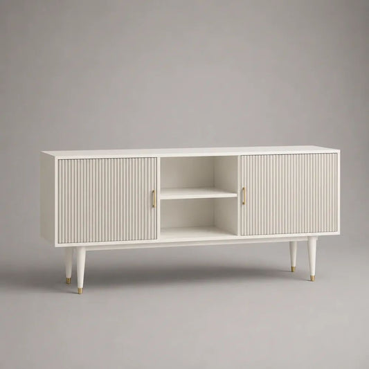 Mobile TV rettangolare bianco e oro 160 x 40 x 80 cm in MDF con 2 ante scanalate