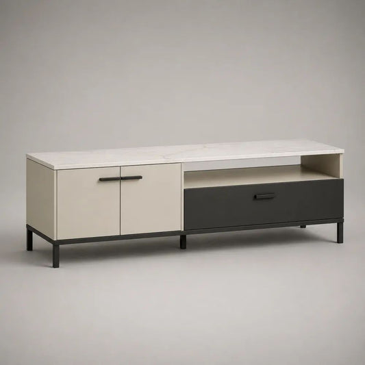Mobile TV rettangolare in pannello truciolare e acciaio con 2 ante, cassetto e vano aperto, bianco crema e antracite con dettagli neri, 160 x 40 x 60 cm