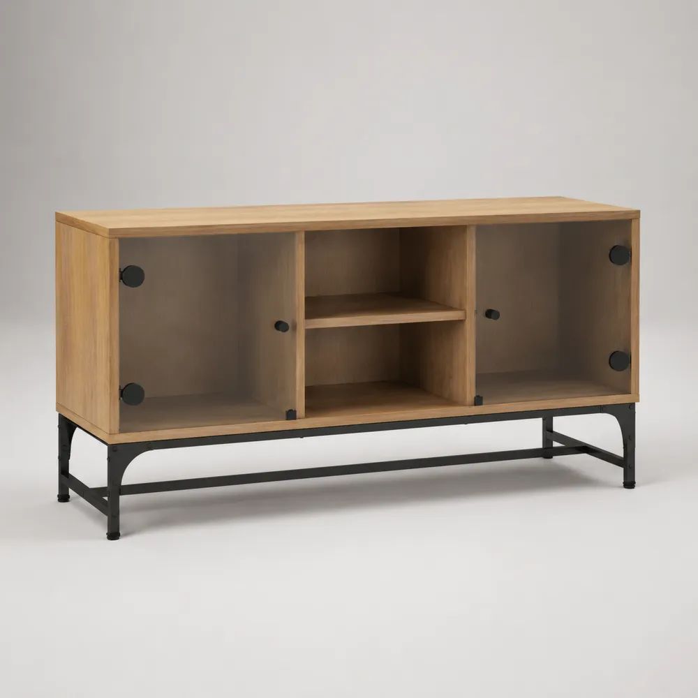 Mobile TV rettangolare in legno, metallo e vetro con 2 ante, rovere naturale, nero e marrone fumé, 140 x 40 x 75 cm