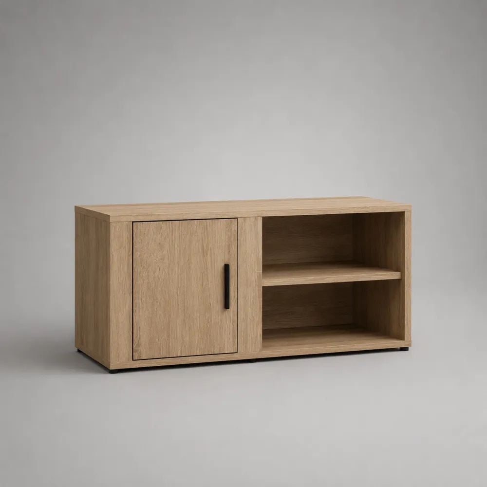Mobile TV basso rettangolare in legno, rovere naturale e nero, 100 x 40 x 55 cm, con anta e 2 vani aperti