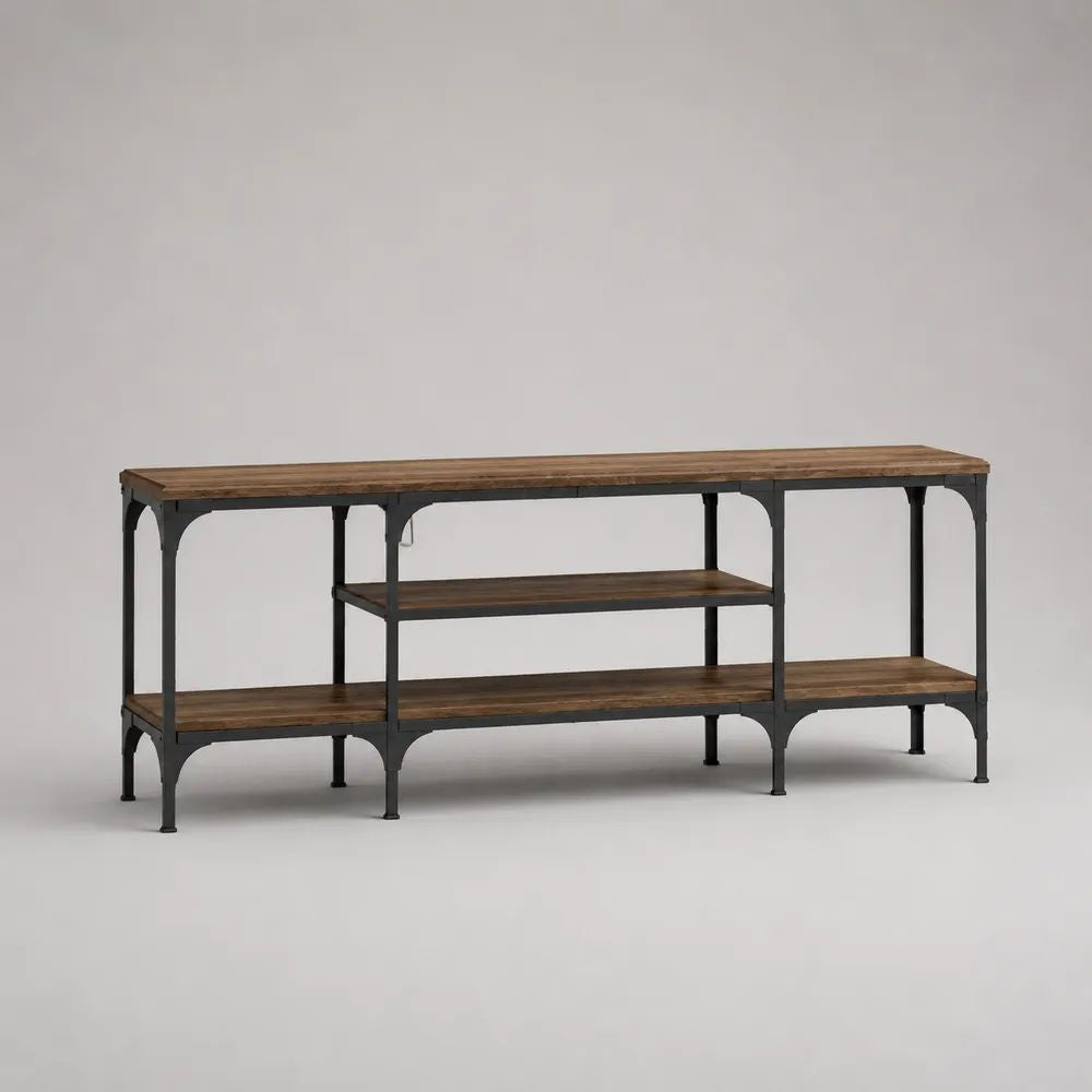 Mobile TV rettangolare in legno e acciaio con 4 ripiani aperti, marrone scuro e nero, 180 x 40 x 75 cm