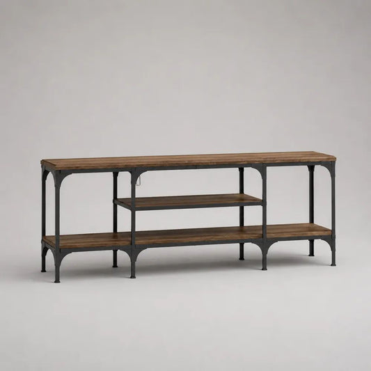 Mobile TV rettangolare in legno e acciaio con 4 ripiani aperti, marrone scuro e nero, 180 x 40 x 75 cm