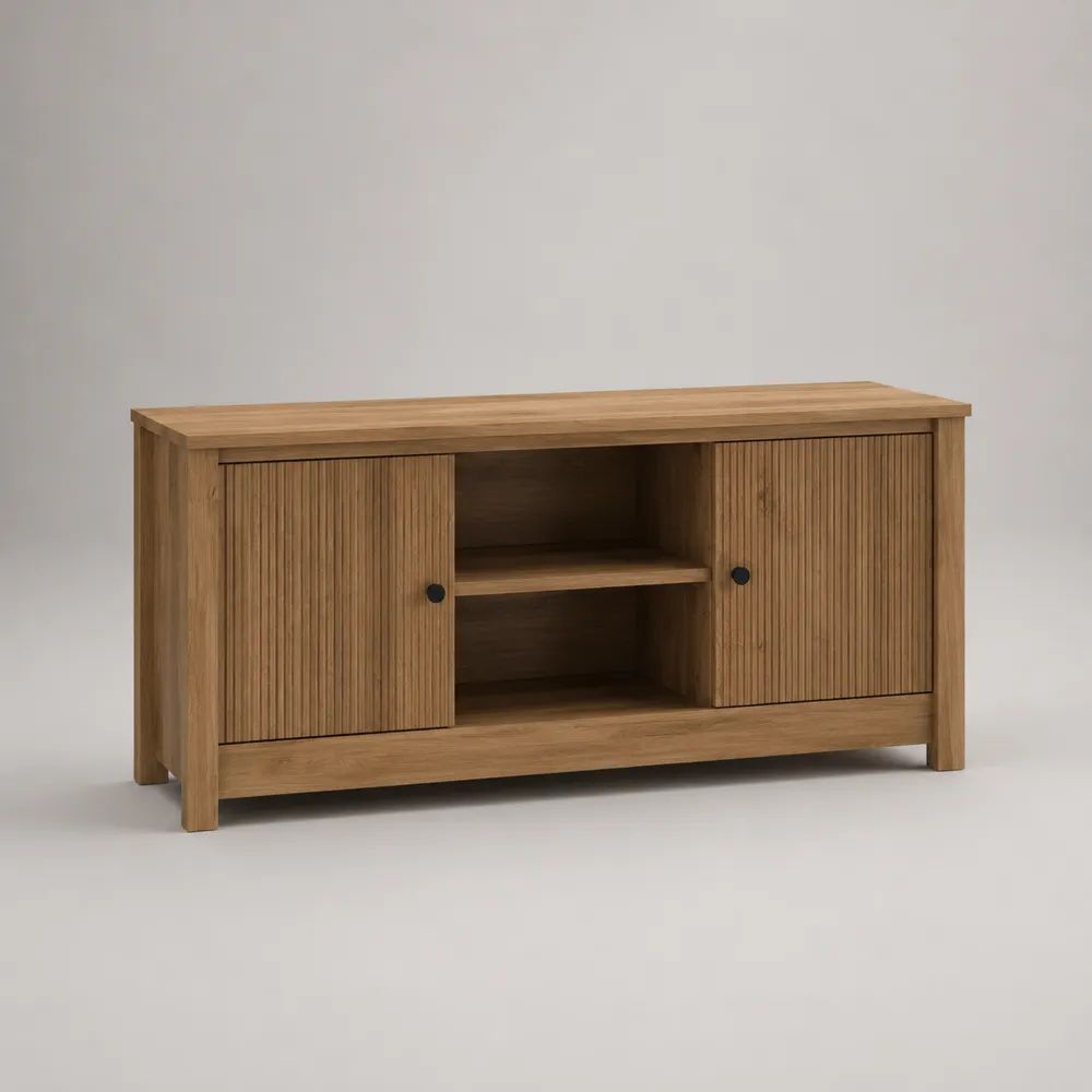 Mobile TV rettangolare in legno, rovere naturale, con 2 ante scorrevoli, 140 × 40 × 76 cm
