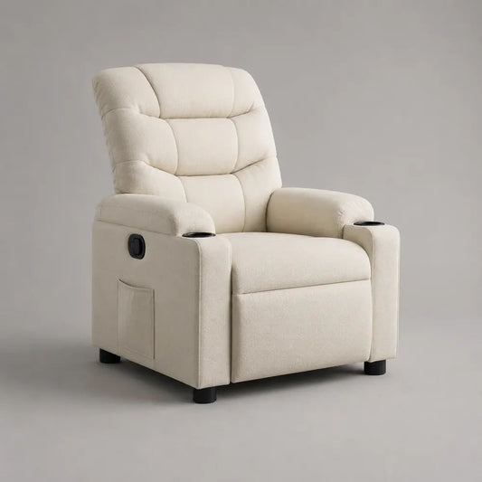Poltrona reclinabile manuale bianco crema in tessuto con schienale alto e 2 portabicchieri, 90 x 92 x 105 cm