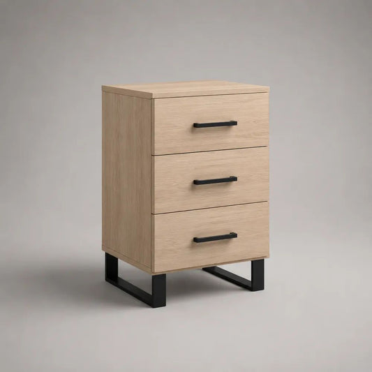 Comodino rettangolare con 3 cassetti in legno e acciaio, rovere chiaro e nero, 45 x 40 x 70 cm