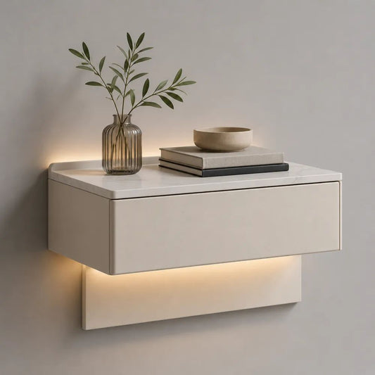 Comodino sospeso rettangolare in MDF melaminico con cassetto e luce LED, bianco crema, 50 × 35 × 40 cm