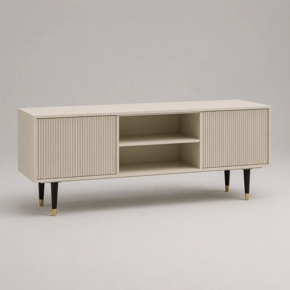 Mobile porta TV rettangolare beige in legno e metallo con 2 ante scanalate e 2 vani aperti, 140 x 40 x 65 cm