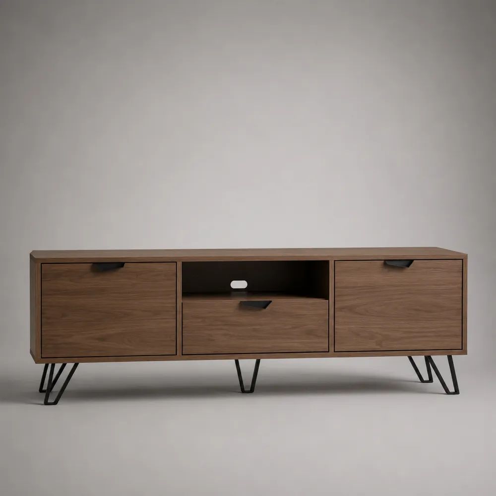 Mobile TV rettangolare in legno e metallo con 2 ante, cassetto e passacavi, noce e nero, 180 × 40 × 60 cm