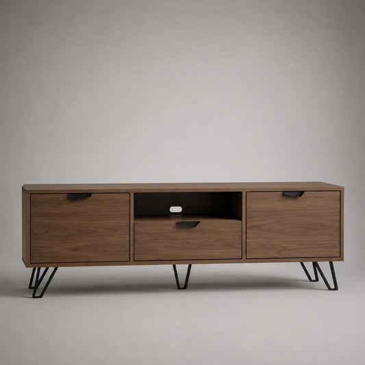 Mobile TV rettangolare in legno e metallo con 2 ante, cassetto e passacavi, noce e nero, 180 × 40 × 60 cm