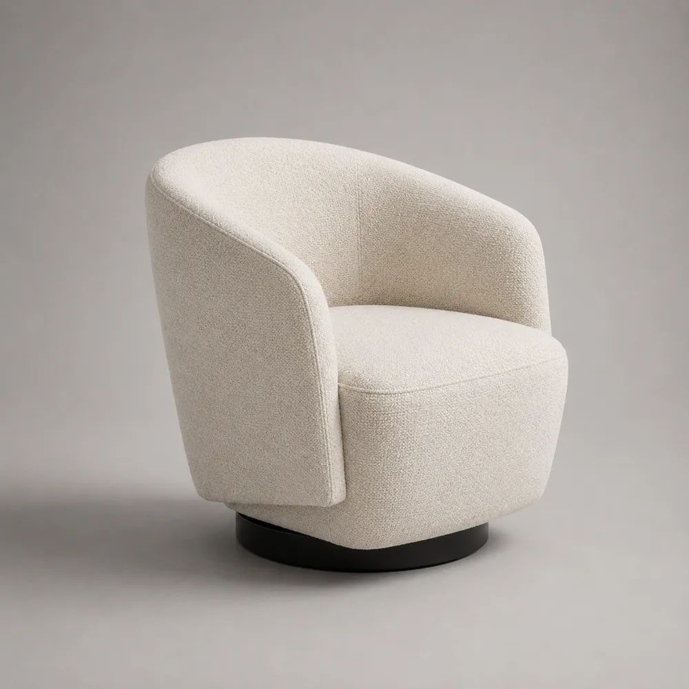 Poltrona girevole avvolgente crema in tessuto bouclé con base nera, 76 × 75 × 78 cm