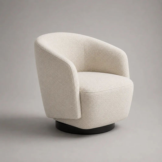 Poltrona girevole avvolgente crema in tessuto bouclé con base nera, 76 × 75 × 78 cm