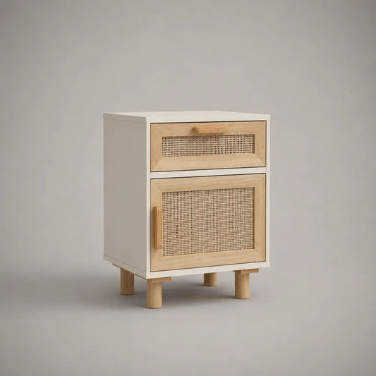 Comodino rettangolare in legno bianco e naturale con cassetto, anta e rattan, 45 x 40 x 65 cm