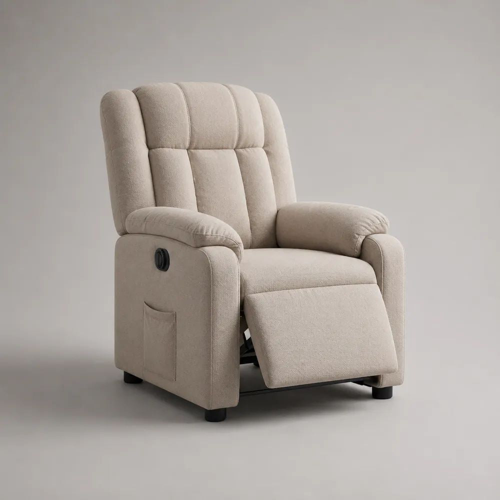 Poltrona reclinabile manuale in tessuto beige con schienale alto e poggiapiedi, 82 x 93 x 104 cm