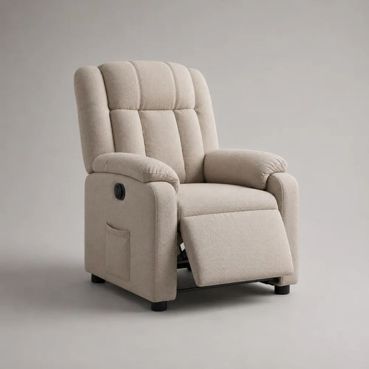 Poltrona reclinabile manuale in tessuto beige con schienale alto e poggiapiedi, 82 x 93 x 104 cm