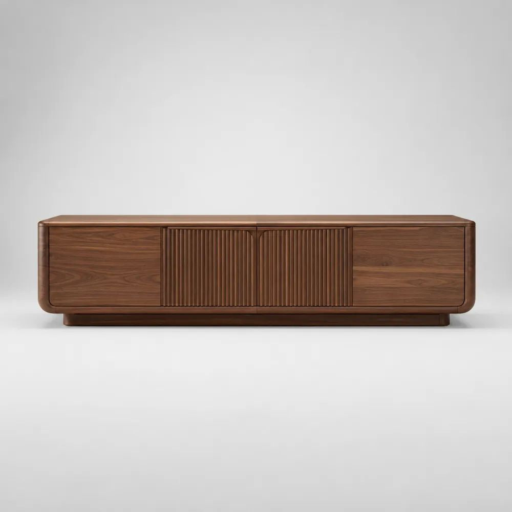 Mobile TV basso rettangolare in MDF impiallacciato marrone noce con 4 ante, 200 × 40 × 55 cm