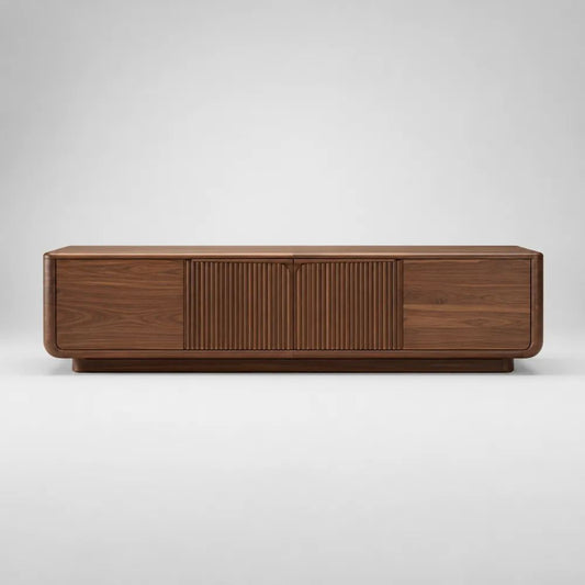 Mobile TV basso rettangolare in MDF impiallacciato marrone noce con 4 ante, 200 × 40 × 55 cm