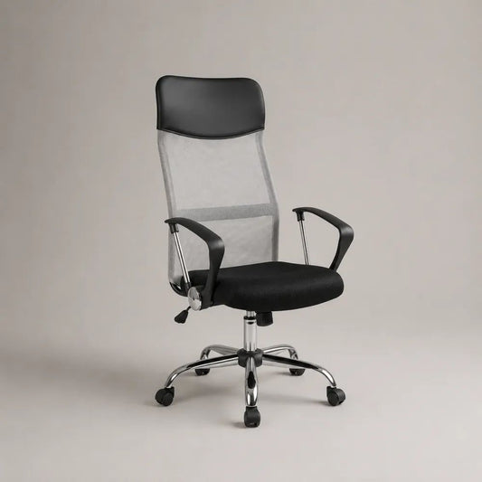 Sedia da ufficio ergonomica girevole in rete e metallo con schienale alto, poggiatesta e braccioli, Nero/Grigio/Argento, 60 x 60 x 113-123 cm