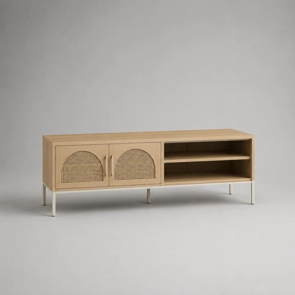 Mobile TV basso rettangolare in legno effetto rovere naturale con 2 ante in rattan, 2 vani aperti e gambe in metallo, 160 x 40 x 65 cm