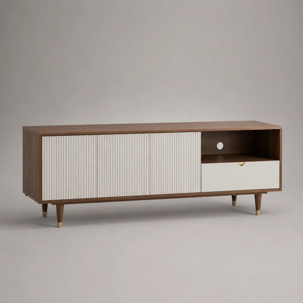 Mobile TV rettangolare in MDF impiallacciato con ante scorrevoli, cassetto e passacavi, marrone noce e bianco, 160 x 40 x 60 cm