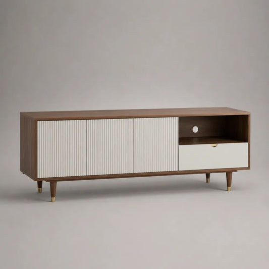 Mobile TV rettangolare in MDF impiallacciato con ante scorrevoli, cassetto e passacavi, marrone noce e bianco, 160 x 40 x 60 cm