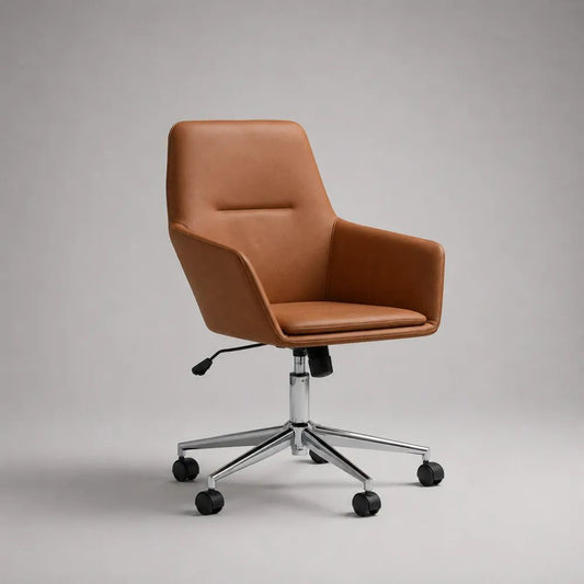 Sedia da ufficio girevole regolabile in pelle PU marrone cognac con braccioli e ruote, 60 x 60 x 88-98 cm