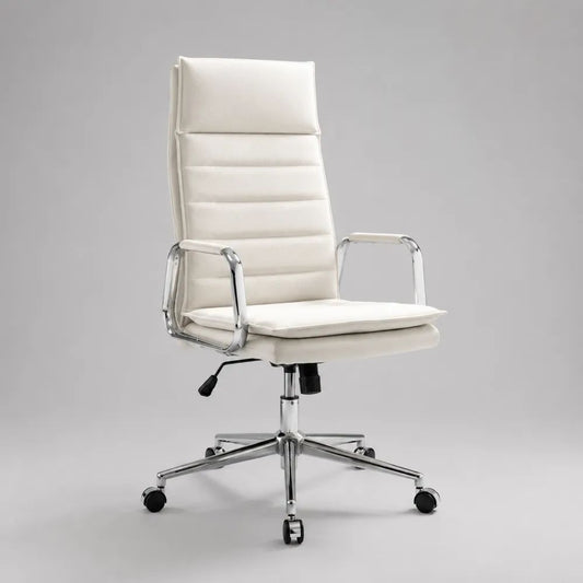 Sedia da ufficio girevole bianca e argento in similpelle e metallo con schienale alto, braccioli e altezza regolabile, 62 x 65 x 111-121 cm