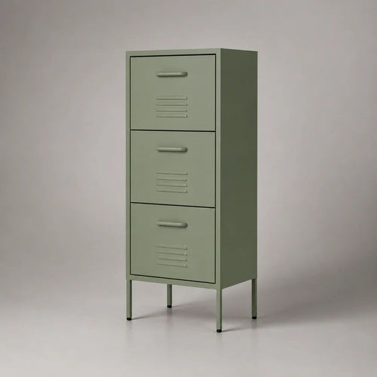 Cassettiera verticale in acciaio con 3 cassetti, verde salvia, 42 × 40 × 120 cm