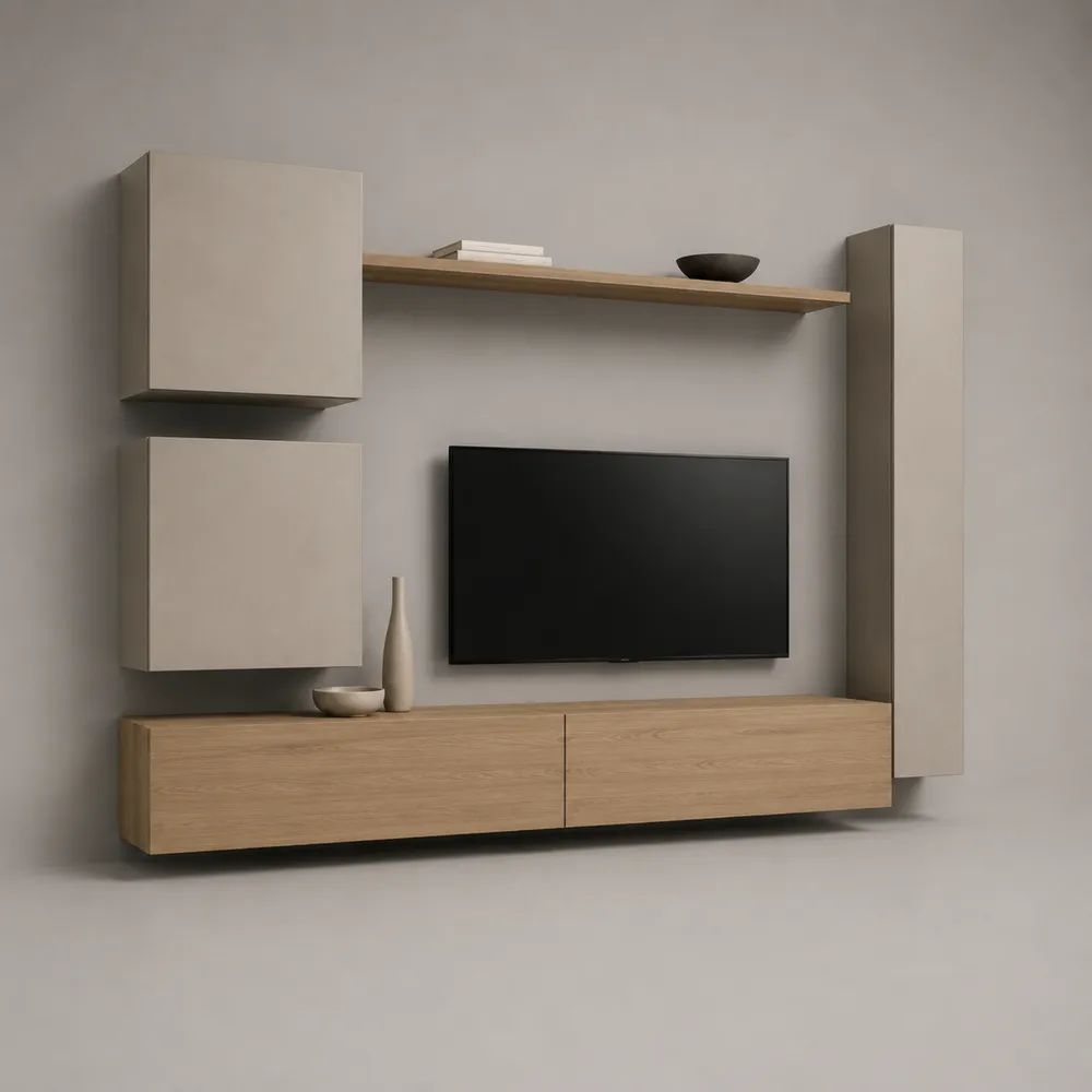 Parete attrezzata TV sospesa a 5 elementi in pannello truciolare melaminico, rovere naturale e tortora, 270 x 40 x 190 cm