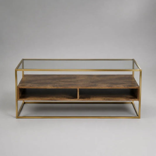 Mobile porta TV rettangolare marrone, ottone e trasparente 120 x 45 x 60 cm in legno massello, acciaio e vetro temperato con 2 vani aperti